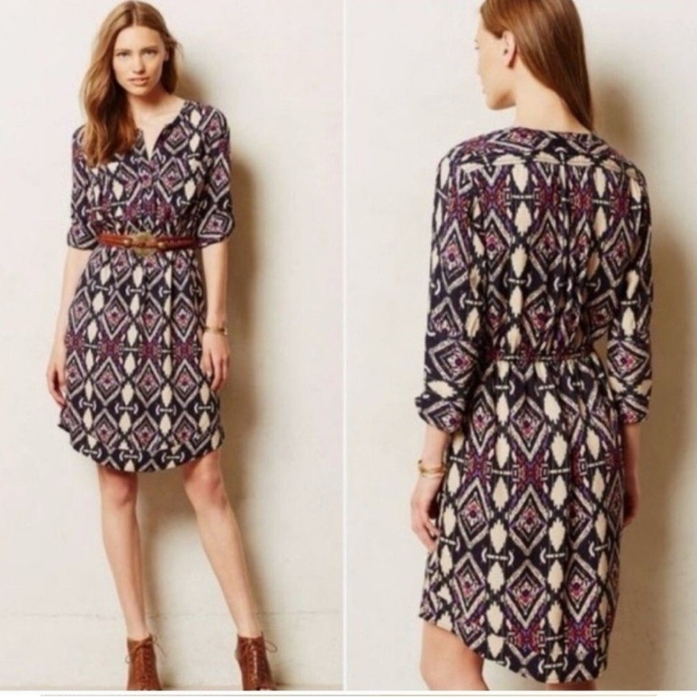 Anthropologie Holding Horses Geometric Long Sleeve Dress - Navy and Pink size 0